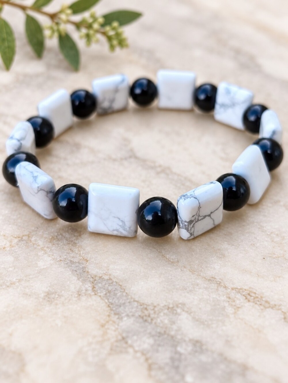 Black Onyx & White Howlite Beaded Stretch Bracelet | Handmade